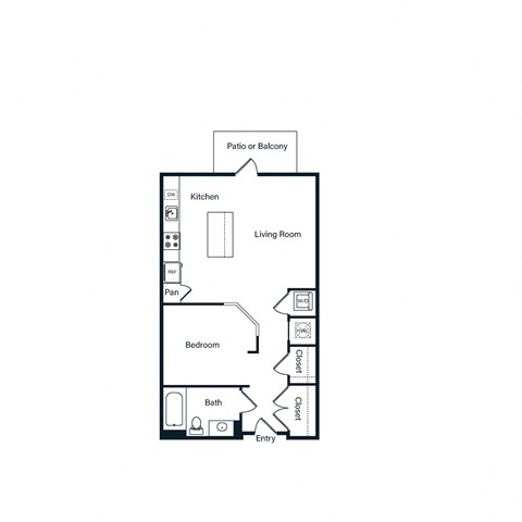 Floor plan for studio, 1 bath, 596 sqft